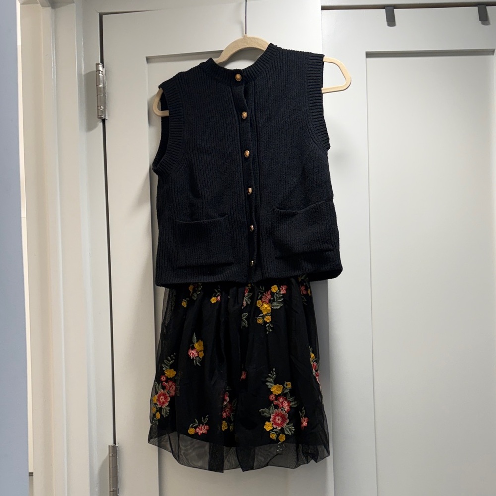 Elegant Black Floral Anthropologie Dress with Knit Vest